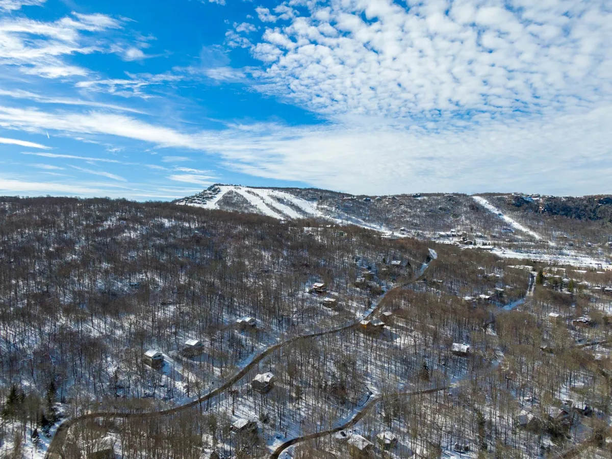 A sweeping view of snow-covered hills, a winding road, and scattered homes, set beneath a serene sky. The landscape offers a sense of open space and natural beauty, highlighting the mountain surroundings that guests and their pets can enjoy together.